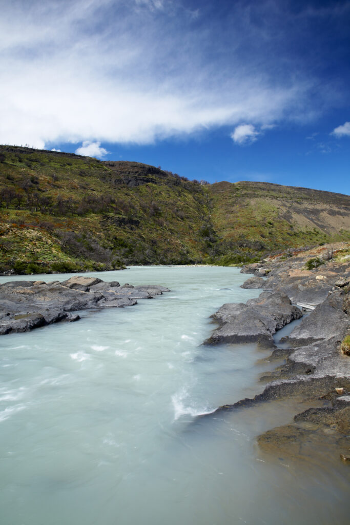 Chile, Southern Patagonia, Torres Del Paine National Park. The glacial coloured waters of the Rio Paine on the ‘Circuit’ track.